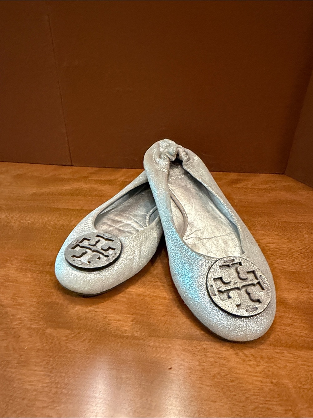 Tory Burch Silver Metallic Glitter Logo Ballet Flats